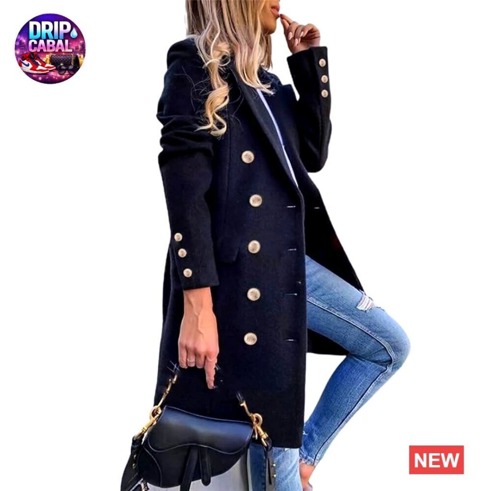 Wool Peacoat Double Breasted Trench Coat Classic Vintage Slim Fit Midi Length